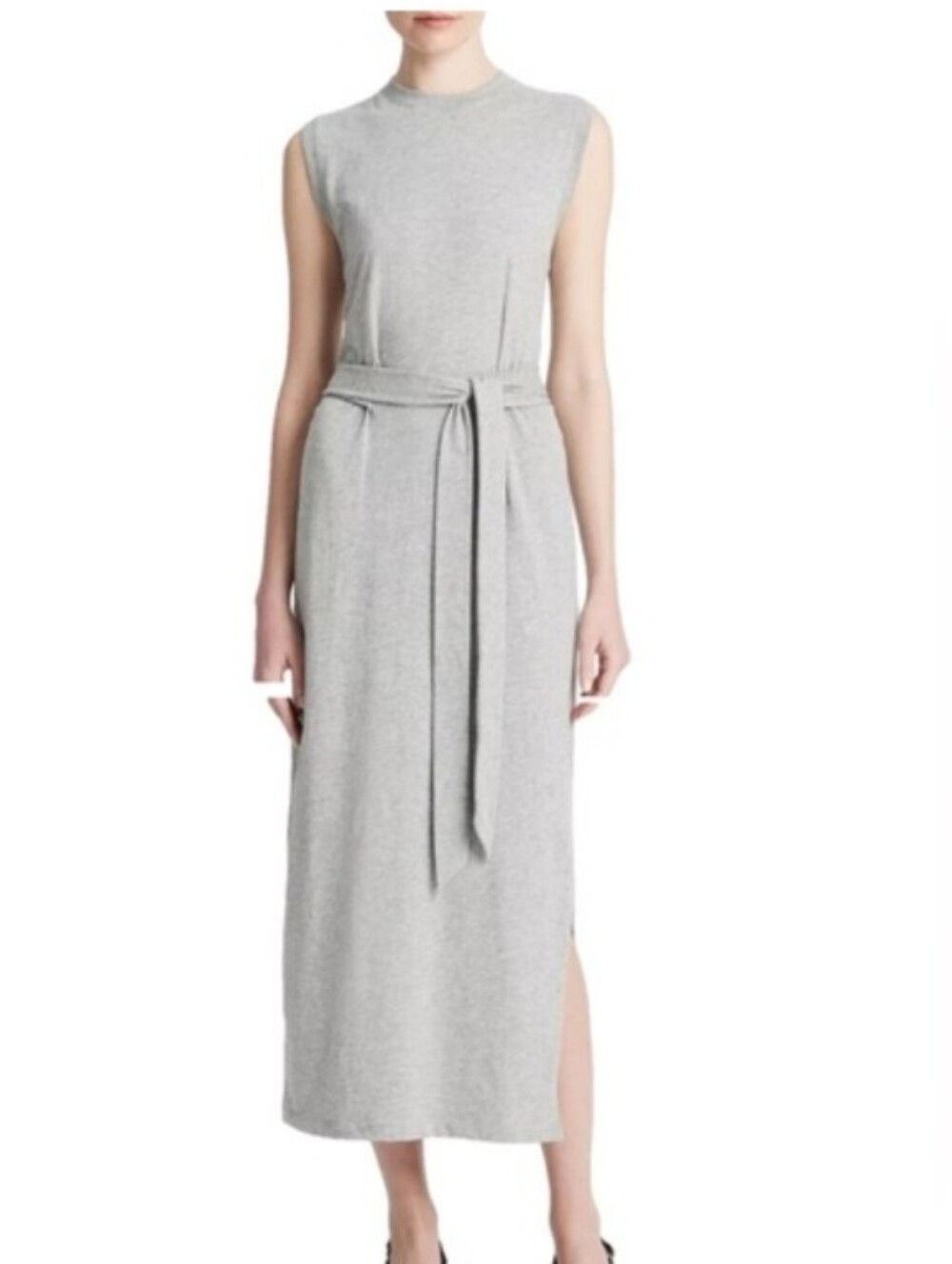 BANANA REPUBLIC Light Heather Gray Sleeveless Belted Midi Dress - Medium Tall